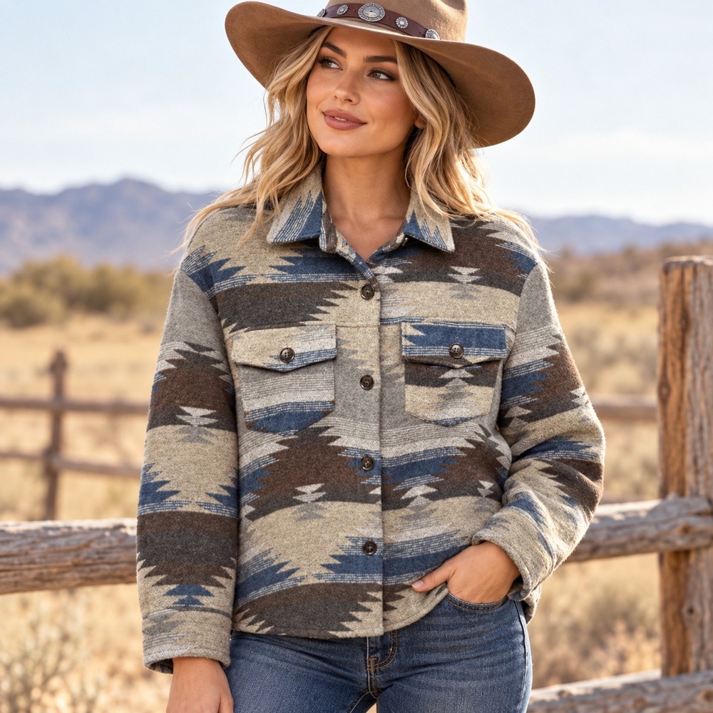 Mittoshop Southwest Aztec Shacket Heavy Wool Blend Button Up Jacket L Cowgirl